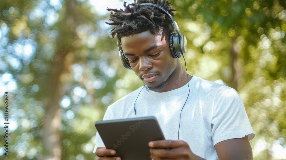 Fototapeta premium A man wearing headphones is reading a tablet