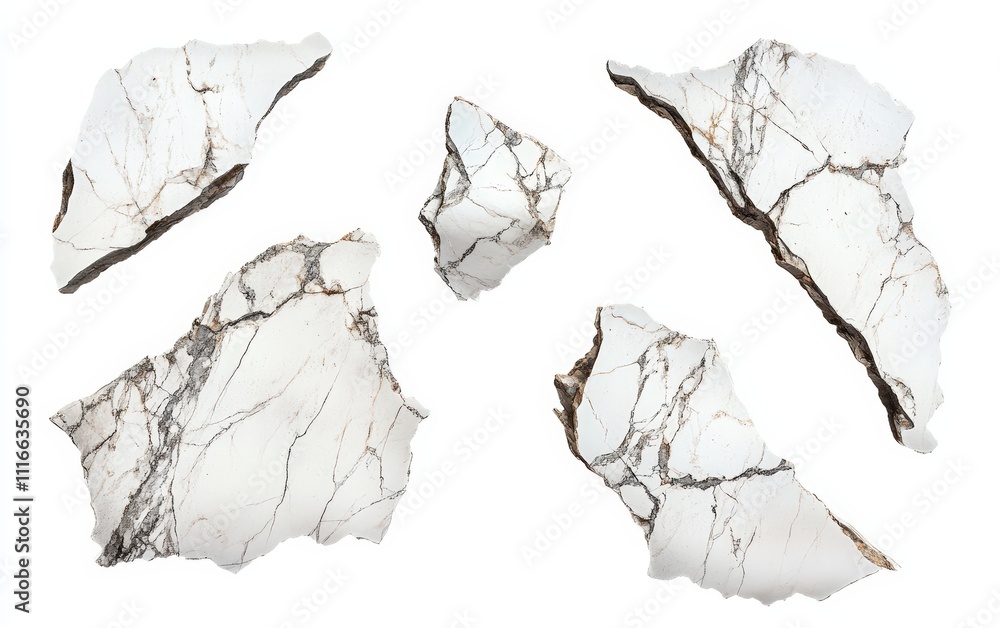 Flying pieces of polished marble with veins and cracks, elegant and textured, isolated on white background Flying pieces of polished marble with veins and cracks, elegant and textured, isolated on white background