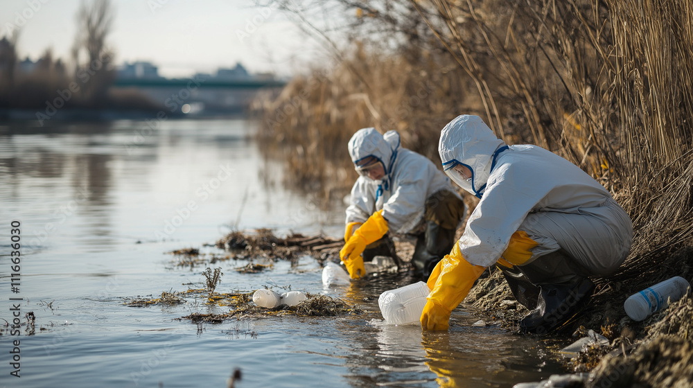 River Pollution Cleanup: Environmental Scientists in protective gear collect water samples from a polluted river, highlighting the urgent need for environmental protection and conservation. River Pollution Cleanup: Environmental Scientists in protective gear collect water samples from a polluted river, highlighting the urgent need for environmental protection and conservation.