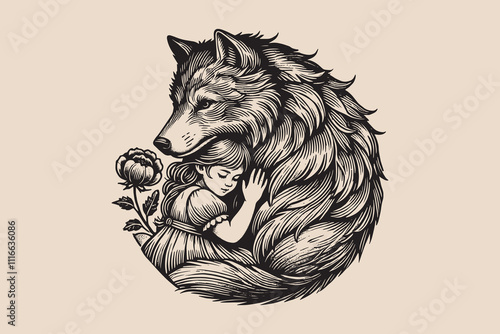 Girl hugging a giant wolf in vintage engraving style. isolated black ink illustration, print