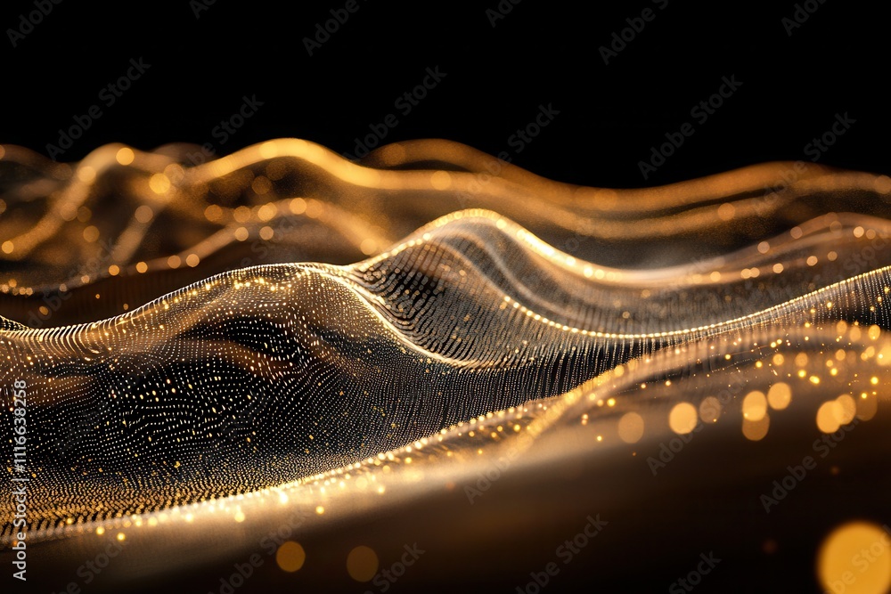 A futuristic and abstract digital landscape of a flowing wave with thousands of small glowing dots A futuristic and abstract digital landscape of a flowing wave with thousands of small glowing dots