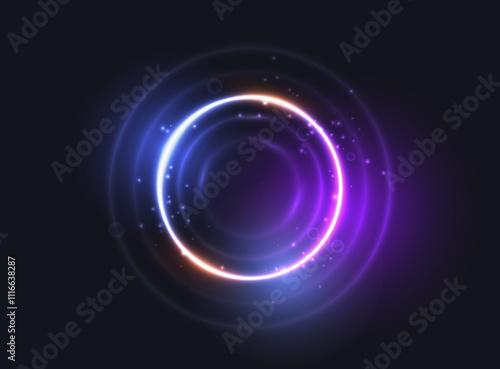 Abstract glow sparkling neon ring background. Shine round frame with light circles, sparks and blue and purple light effect. Vector glowing flare round Christmas banner on black background