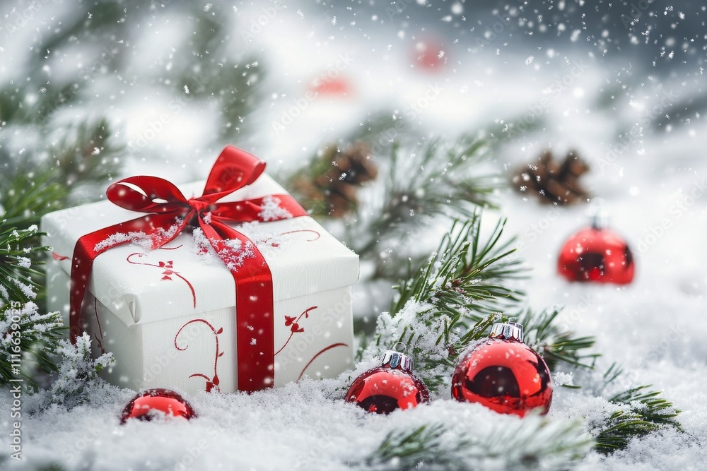 A snow-covered scene with a white gift box tied with a red ribbon with pine branches and ornaments A snow-covered scene with a white gift box tied with a red ribbon with pine branches and ornaments
