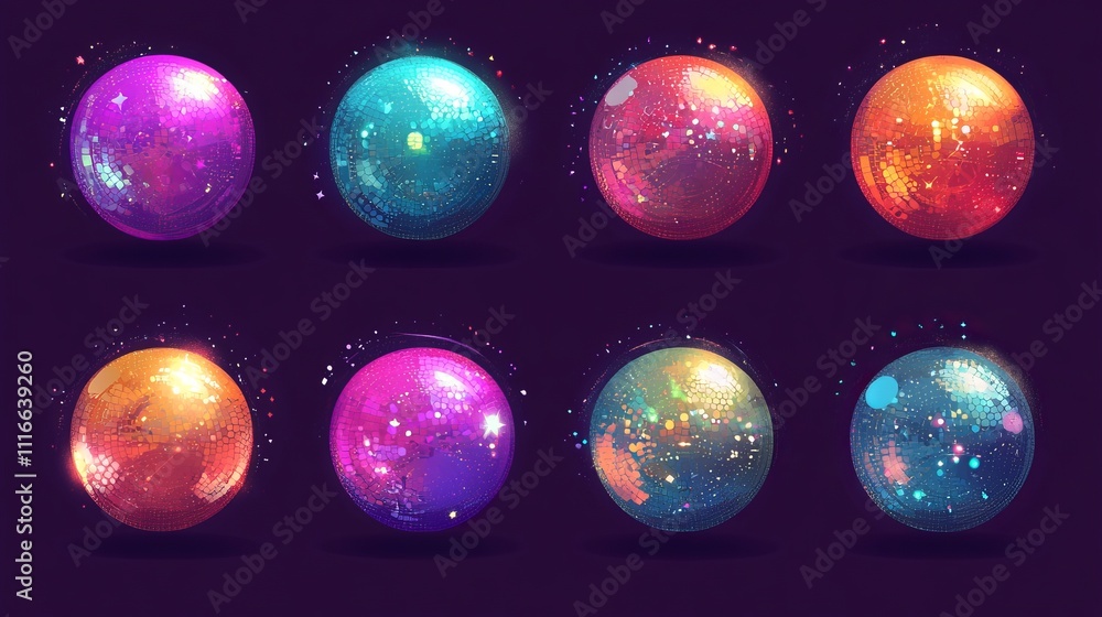 A set of vector illustrations featuring disco balls in various vibrant colors. Each mirrorball showcases reflective tiles with realistic shading and highlights, creating a dazzling effect. A set of vector illustrations featuring disco balls in various vibrant colors. Each mirrorball showcases reflective tiles with realistic shading and highlights, creating a dazzling effect.
