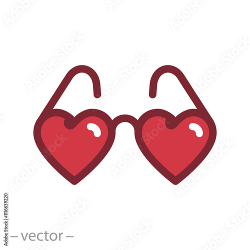 red hearts shaped glasses icon, valentine's sunglasses, concept of valentines day, lovers vision, flat web symbol, vector illustration