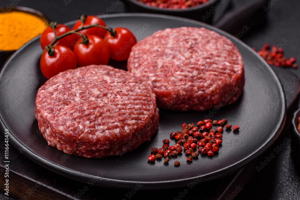 Fresh raw ground beef burger patty with salt and spices Fresh raw ground beef burger patty with salt and spices
