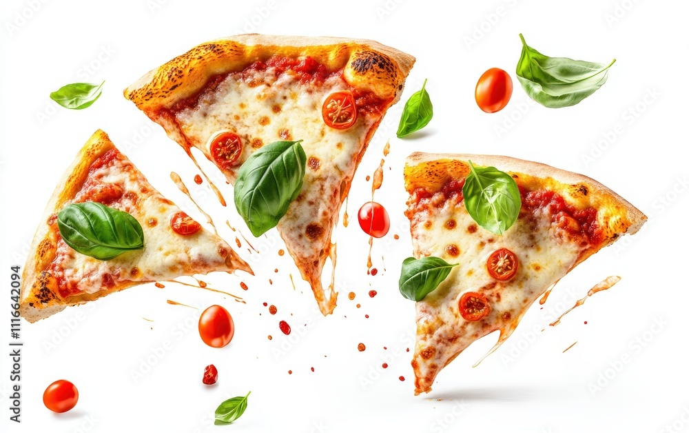 Flying Margherita pizza slices with fresh basil leaves and tomato sauce splashes, elegant and vibrant, isolated on white background Flying Margherita pizza slices with fresh basil leaves and tomato sauce splashes, elegant and vibrant, isolated on white background