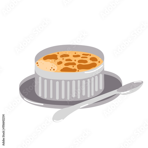 Vector hand drawn flat food illustration with french creme brulee dessert on a plate with spoon, traditional cuisine.
