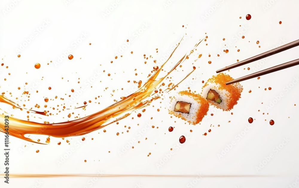 Flying pieces of sushi with soy sauce splashes and chopsticks, precise and elegant, isolated on white background Flying pieces of sushi with soy sauce splashes and chopsticks, precise and elegant, isolated on white background