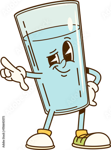 Cartoon groovy glass of water character with expressive eyes, wearing sneakers, and pointing with one finger. Isolated vector drink personage with confident and friendly expression, conveying fun