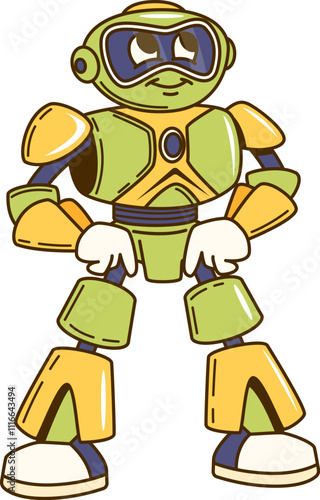 Cartoon retro groovy robot character with futuristic appearance standing confidently with its hands on its hips. Isolated vector playful ai droid personage exudes friendly nostalgic sci fi vibe of 80s