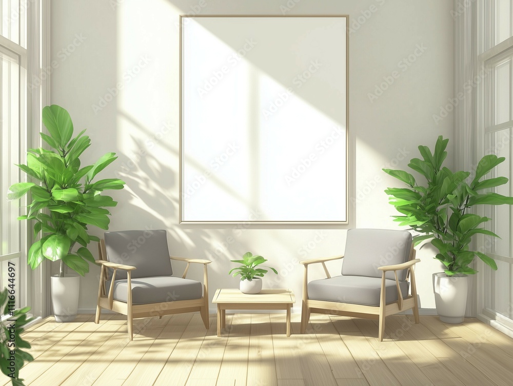 Fototapeta premium Minimalist interior design featuring two modern wooden armchairs with gray cushions