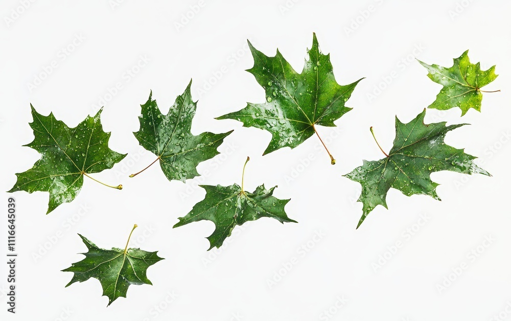 Flying tree leaves with dewdrops scattering mid-air, vibrant green tones, soft light, isolated on white background Flying tree leaves with dewdrops scattering mid-air, vibrant green tones, soft light, isolated on white background