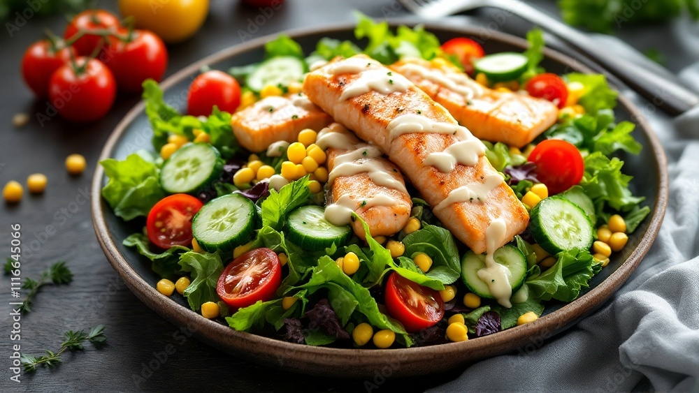 Fresh Grilled Salmon Salad with Lettuce, Cherry Tomatoes, Cucumber, and Corn, Healthy Food Photograph pc, laptop wallpaper Fresh Grilled Salmon Salad with Lettuce, Cherry Tomatoes, Cucumber, and Corn, Healthy Food Photograph pc, laptop wallpaper