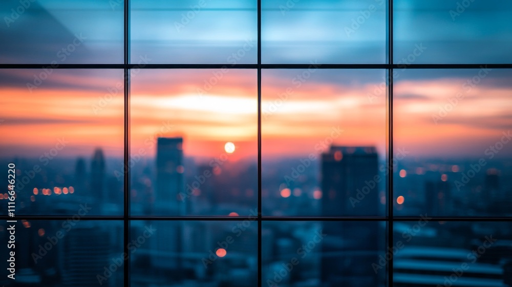 Fototapeta premium Sunset View Through a Window with Cityscape in the Background