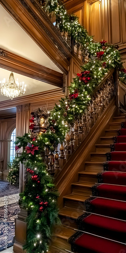 Luxurious Victorian staircase decorated for Christmas in a gorgeous mansion. Christmas tree in the foyer next to the grand staircase decorated with garlands, creating a warm holiday atmosphere.
