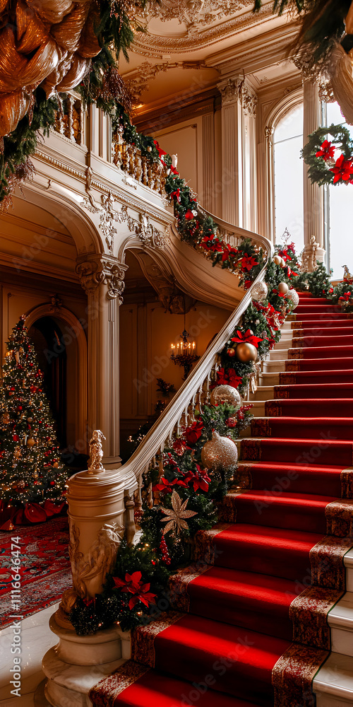 Fototapeta premium Luxurious Victorian staircase decorated for Christmas in a gorgeous mansion. Christmas tree in the foyer next to the grand staircase decorated with garlands, creating a warm holiday atmosphere.