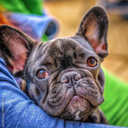 Frenchi Black Dog Enjoying Warm Embrace Outdoors in a Cozy Setting. Generative AI photo