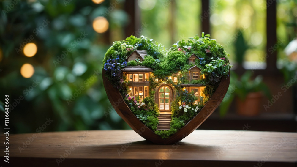 Embracing love in a whimsical heart-shaped garden with charming cottages illuminated by soft lights Embracing love in a whimsical heart-shaped garden with charming cottages illuminated by soft lights