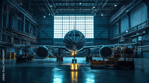 A large aircraft is undergoing maintenance in a spacious hangar with bright lighting during the day