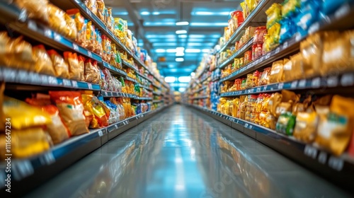 Aisle in a Grocery Store with Shelves Stocked with Food Products photo