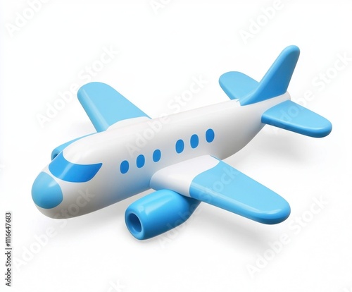 Flying plane icon. Cute, cartoon 3d realistic white airplane with blue portholes and wings, perspective view
