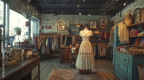 Vintage Clothing Boutique with Lace Dress and Rustic Decor