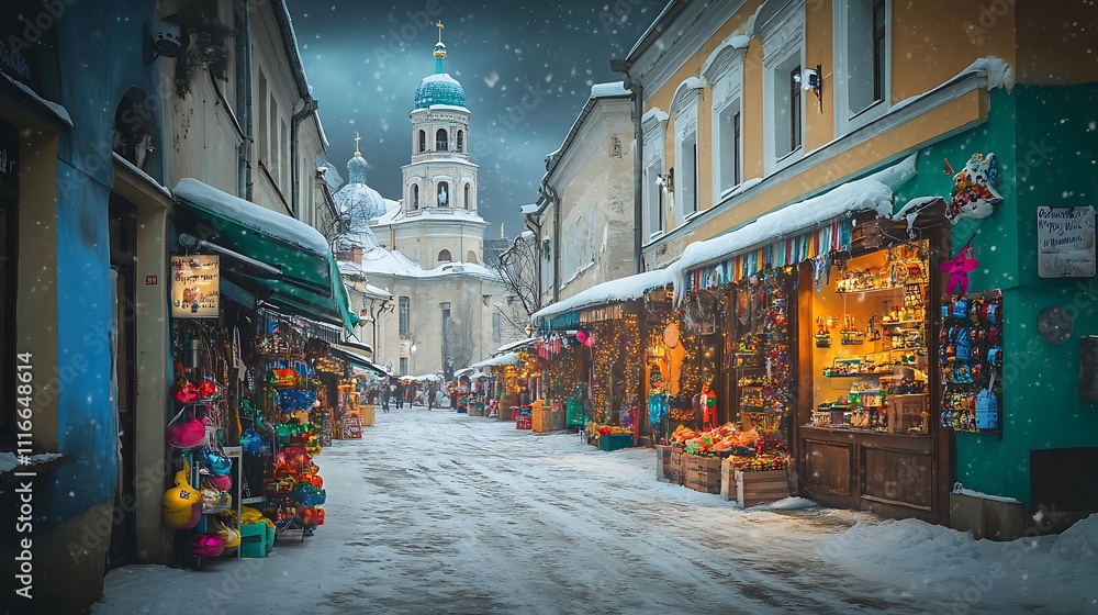 Fototapeta premium Snowy European Street Scene With Shops And Church