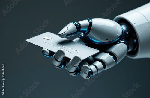 Close-up gray robot hand holding bank credit or debit card. Technology, personalized advertising, online shopping photo