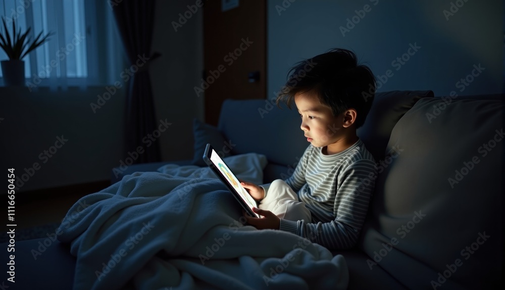 young child sits on a couch covered with a blanket, focused on a tablet that emits a soft light young child sits on a couch covered with a blanket, focused on a tablet that emits a soft light