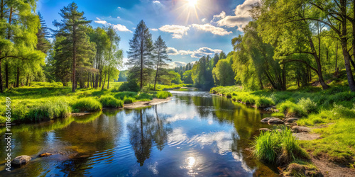 A peaceful river meanders through a vibrant green landscape, surrounded by tall trees and bright sunlight reflecting off the water's surface. The atmosphere is tranquil and inviting
