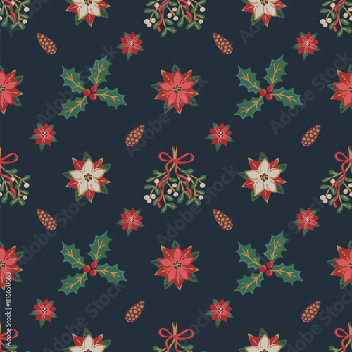 Seamless pattern of hand drawn Christmas motifs including poinsettias, holly leaves with berries, mistletoe bunches tied with bows, and pinecones on dark background. Festive vector Xmas design