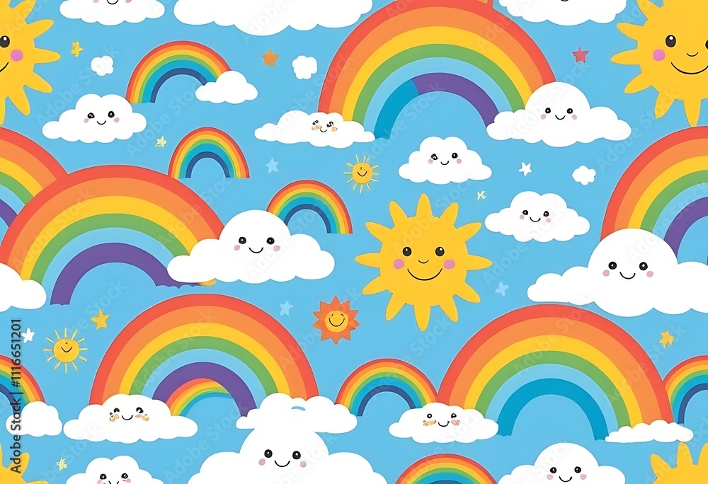 Seamless repeat pattern with shooting stars, clouds and rainbows in a blue sky Seamless repeat pattern with shooting stars, clouds and rainbows in a blue sky