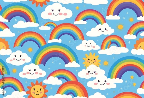Seamless repeat pattern with shooting stars, clouds and rainbows in a blue sky