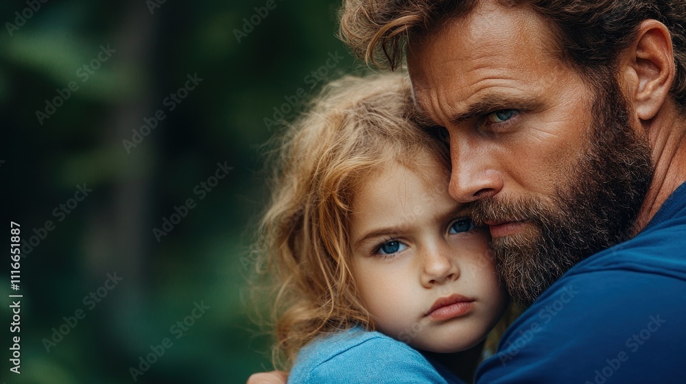 father holds his daughter closely in a serene forest, their expressions conveying deep emotion as they embrace in a moment of warmth and protection amidst the tranquil surroundings father holds his daughter closely in a serene forest, their expressions conveying deep emotion as they embrace in a moment of warmth and protection amidst the tranquil surroundings
