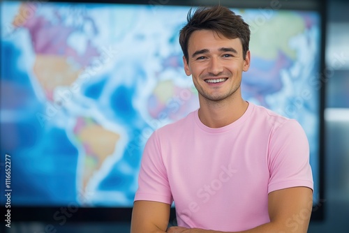 Male meteorologist reporting weather broadcasting on television photo