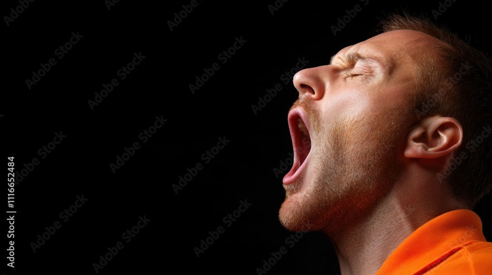 Obraz premium A man in an orange shirt expresses fatigue as he yawns widely, showcasing a moment of relaxation and tiredness with a dark backdrop emphasizing his features