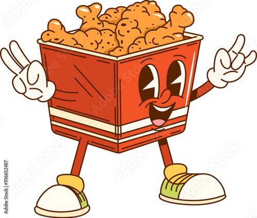 Cartoon groovy bucket of fried chicken legs fast food character in hippie sneakers. Isolated vector funky red smiling box with crispy chicken drumsticks, bringing y2k retro vibe to kids cafe menu meal