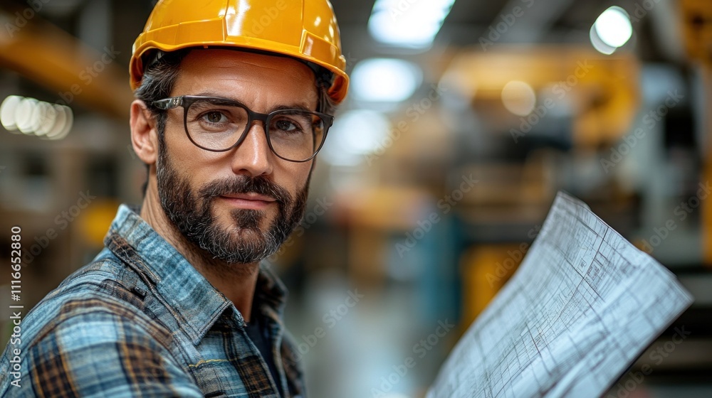 construction professional wearing a yellow hard hat and glasses inspects blueprints in a well-lit warehouse. Tools and equipment are visible, indicating an active work environment construction professional wearing a yellow hard hat and glasses inspects blueprints in a well-lit warehouse. Tools and equipment are visible, indicating an active work environment
