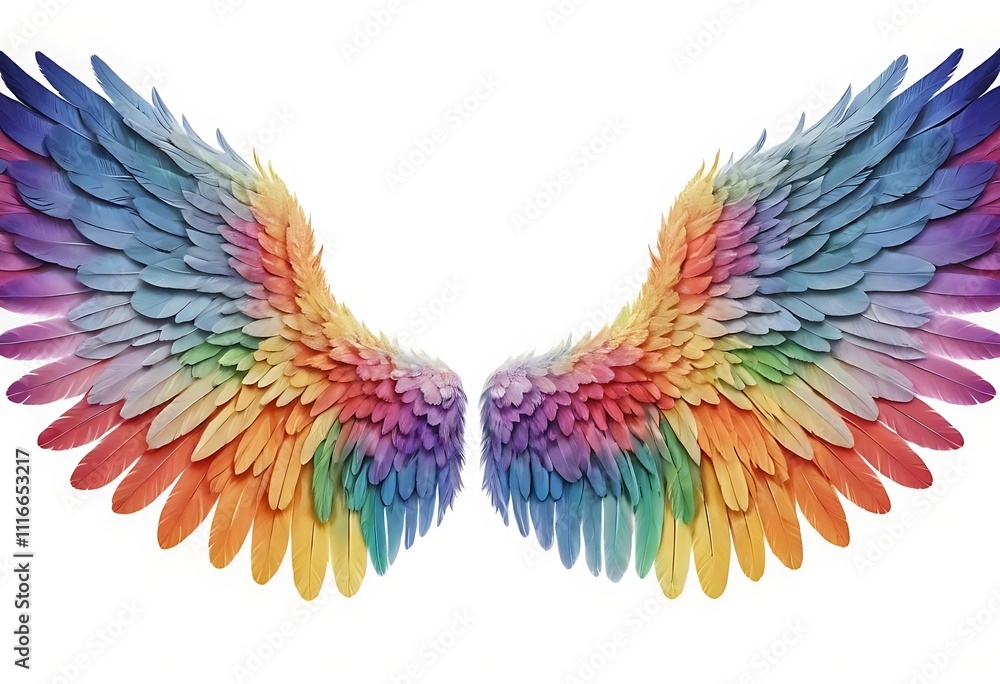 Obraz premium Beautiful magic rainbow colorful glittery shining wings, hand drawn