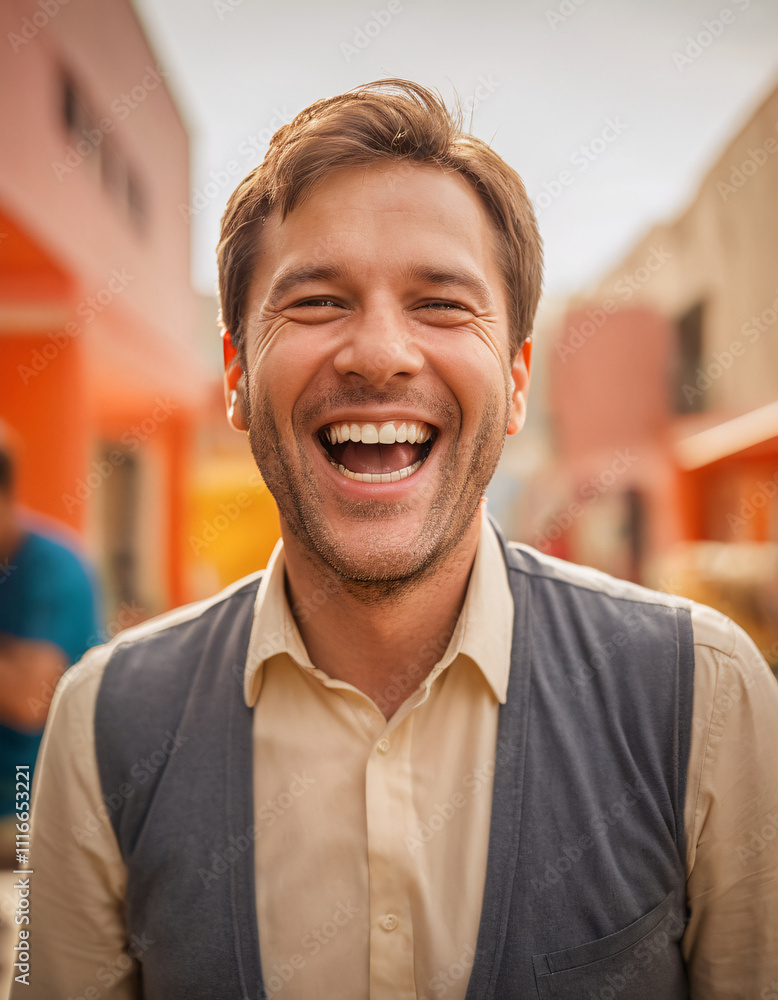 Smiling Man in a Casual Setting Enjoys a Joyful Moment With Colorful Background Smiling Man in a Casual Setting Enjoys a Joyful Moment With Colorful Background