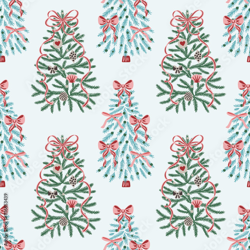 Seamless pattern with hand drawn Christmas trees decorated ribbons, bows and ornaments on light blue background. Decorative holiday vector design for wrapping paper, textile, wallpaper