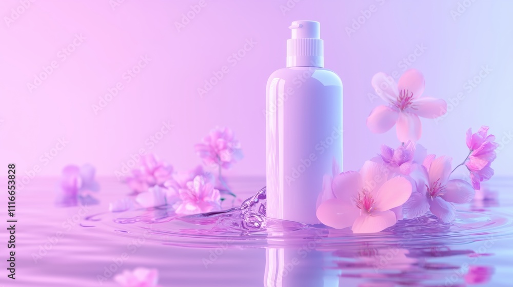 A bottle of perfume is floating on top of a pink wave. The water is calm and the wave is gentle. The bottle is positioned in the center of the wave, with the water surrounding it A bottle of perfume is floating on top of a pink wave. The water is calm and the wave is gentle. The bottle is positioned in the center of the wave, with the water surrounding it
