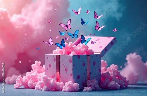 Bright butterflies flutter out of a pastel gift box, creating a whimsical scene filled with soft clouds, perfect for a cheerful celebration. Generative AI photo