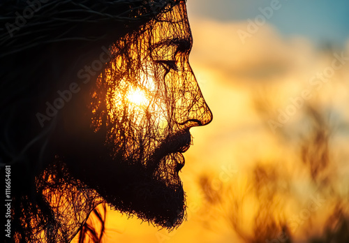 Silhouette of the face of Jesus Christ at sunset, in stylized mode photo