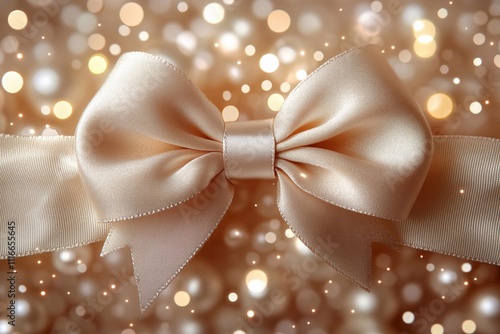 Vector background with a beige bow and ribbon on a light grey bokeh background, with space for text.


