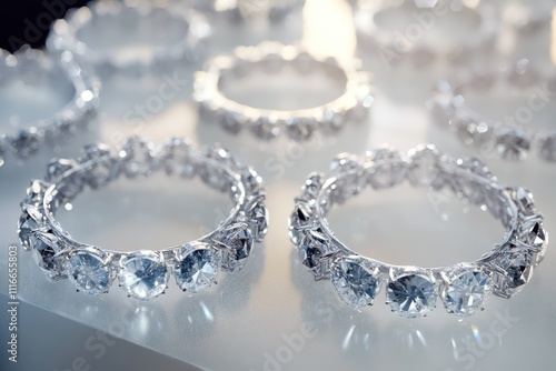 A sparkling array of artificial diamond bracelets on a frosted glass pane, with soft light creating halos around each.