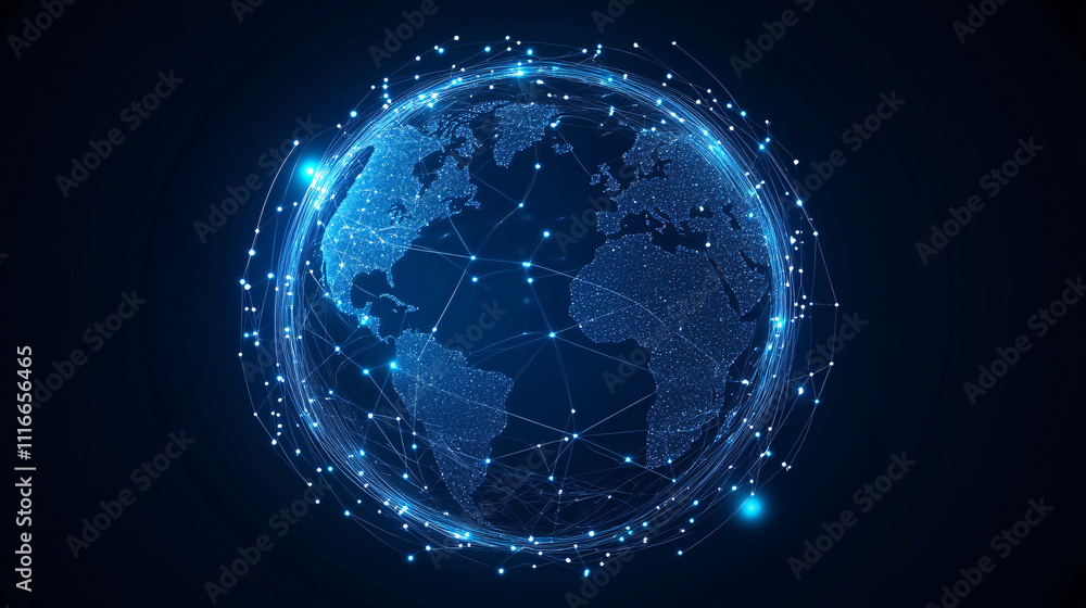 Obraz premium A stylized Earth icon made of glowing circuits, with data streams linking various continents, symbolizing global tech networks and connectivity. 