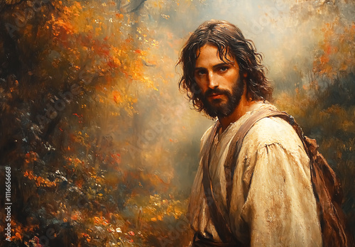 Serene and divine presence of Jesus Christ, in a peaceful landscape photo