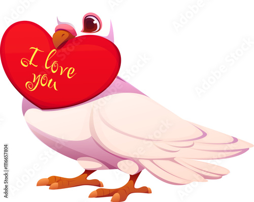 Cute dove holding a red heart with love message that says I love you, symbolizing love and affection for Valentine Day or romantic occasions. Isolated cartoon vector pigeon bird with loving confession